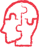Red outline drawing of a head with puzzles pieces and the words emotional intelligence.