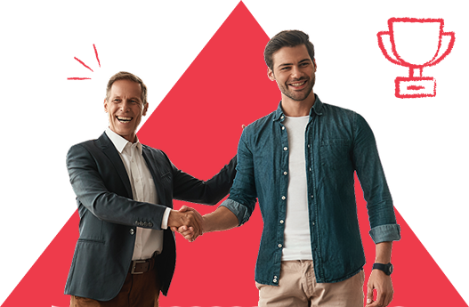 Two colleagues shaking hands and smiling widely with the icon of a trophy next to them conveying that personalized recognition boosts performance.